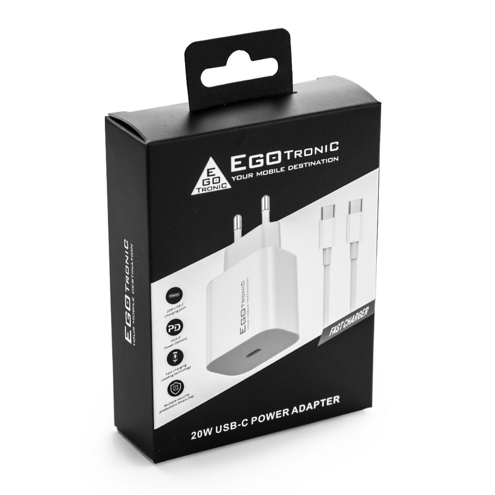 EGO-TRONIC Wall Charger 20W USB-C Set mit USB-C auf USB-C Kabel, Farbe: Weiss, Modell: USB-C