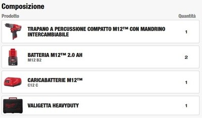 TRAPANO COMPATTO A PERCUSSIONE 12V TECNOLOGIA FUEL CON 3 MANDRINI INTERCAMBIABILI, 2 BATTERIE 2,0Ah