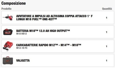 AVVITATORE A IMPULSI ALTA POTENZA 18V 1'', ATTACCO LUNGO, 2.576 Nm, 1 BATTERIA 12.0 Ah, 1 CARICABATTERIA