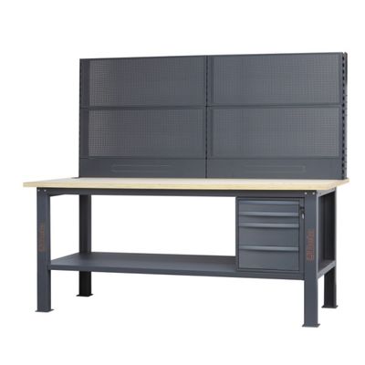 BANCO DA LAVORO PIANO LEGNO CON 4 CASSETTI E PANNELLO PORTA ATTREZZI