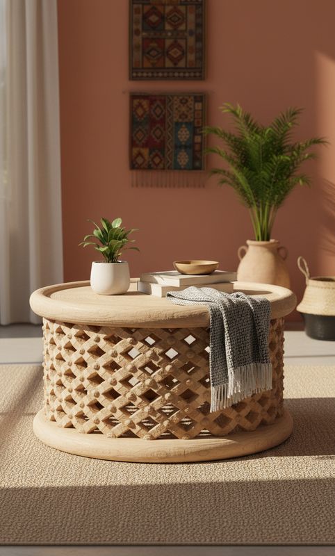 Hand-Carved Bamileke Drum Table (80cm Diameter)