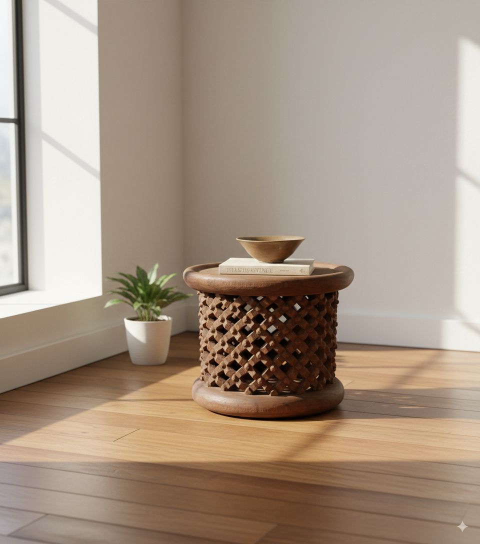 Hand-Carved Bamileke Drum Table (50cm Diameter)