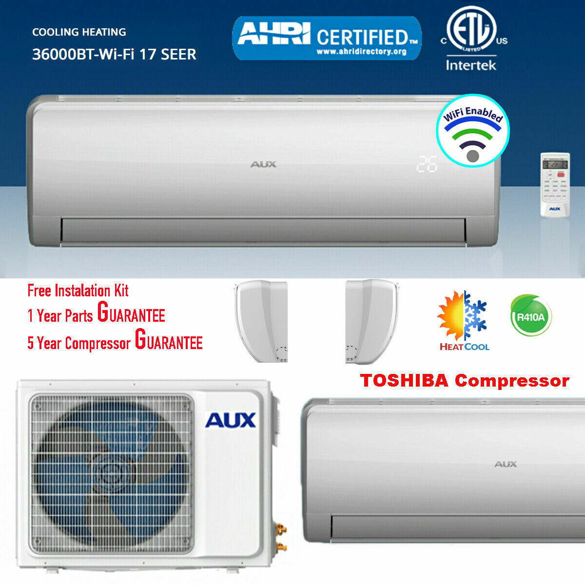 AUX 36000 BTU Ductless Air Conditioner Heat Pump MINI Split 3 TON 230V 17 SEER 25 ft Line set WiFi Control