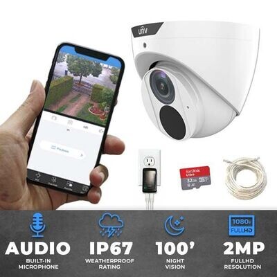UNV FullHD 1080p (2MP) Single Turret IP Security Camera System with Built-In Microphone, 32GB MicroSD card, 100&#39; of Network Cable, &amp; PoE Injector