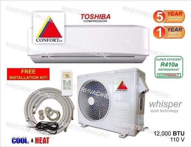 Confortotal 12000 BTU Mini Split System with Wall Mounted Air Handler, Inverter Condenser, Remote, Lineset Install Kit and Cables (BULK)