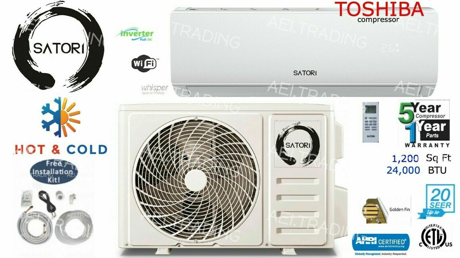 SATORI 24000 BTU Ductless Air Conditioner/Heat Pump Mini Split 220V: 2TON/ 23 SEER with WIFI