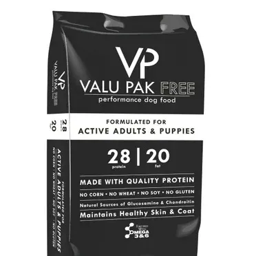 Valu Pak Black 28-20 No corn, wheat, soy, gluten Active Adult &amp; Puppy