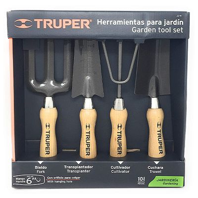 Wood Handle Garden Tool Set - Trowel, Transplanter, Cultivator, &amp; Fork