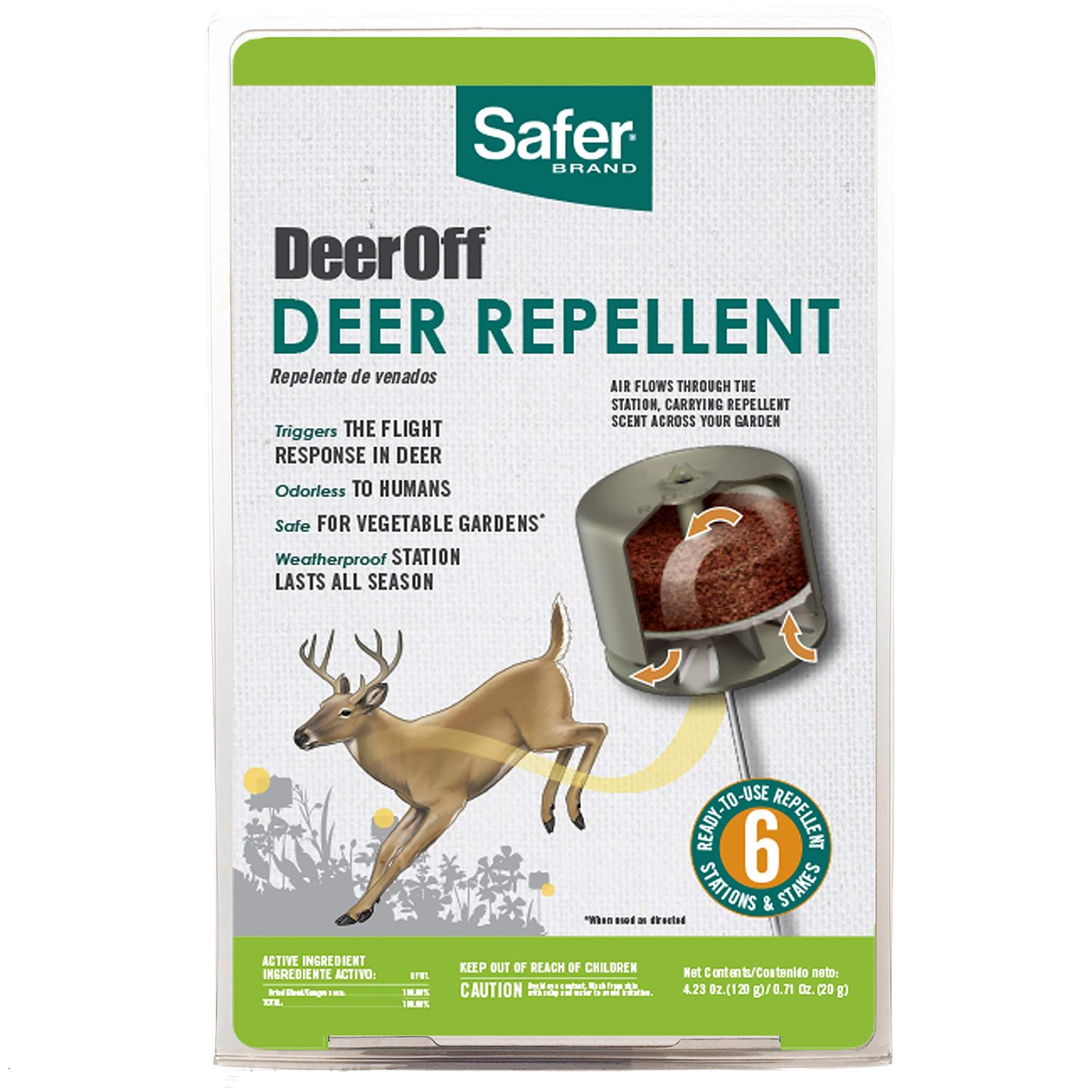 Safer 5962 Deer-Off Deer Repellent Stations - 6 Waterproof Deer Repelling Stakes for Gardens and Lawns