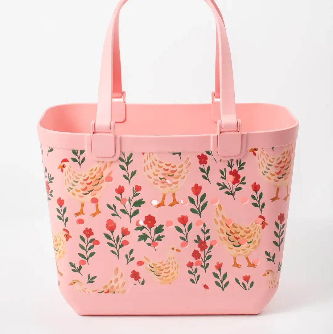 Pink Chickens &amp; Blooms Rubber Beach Tote Bag - Large