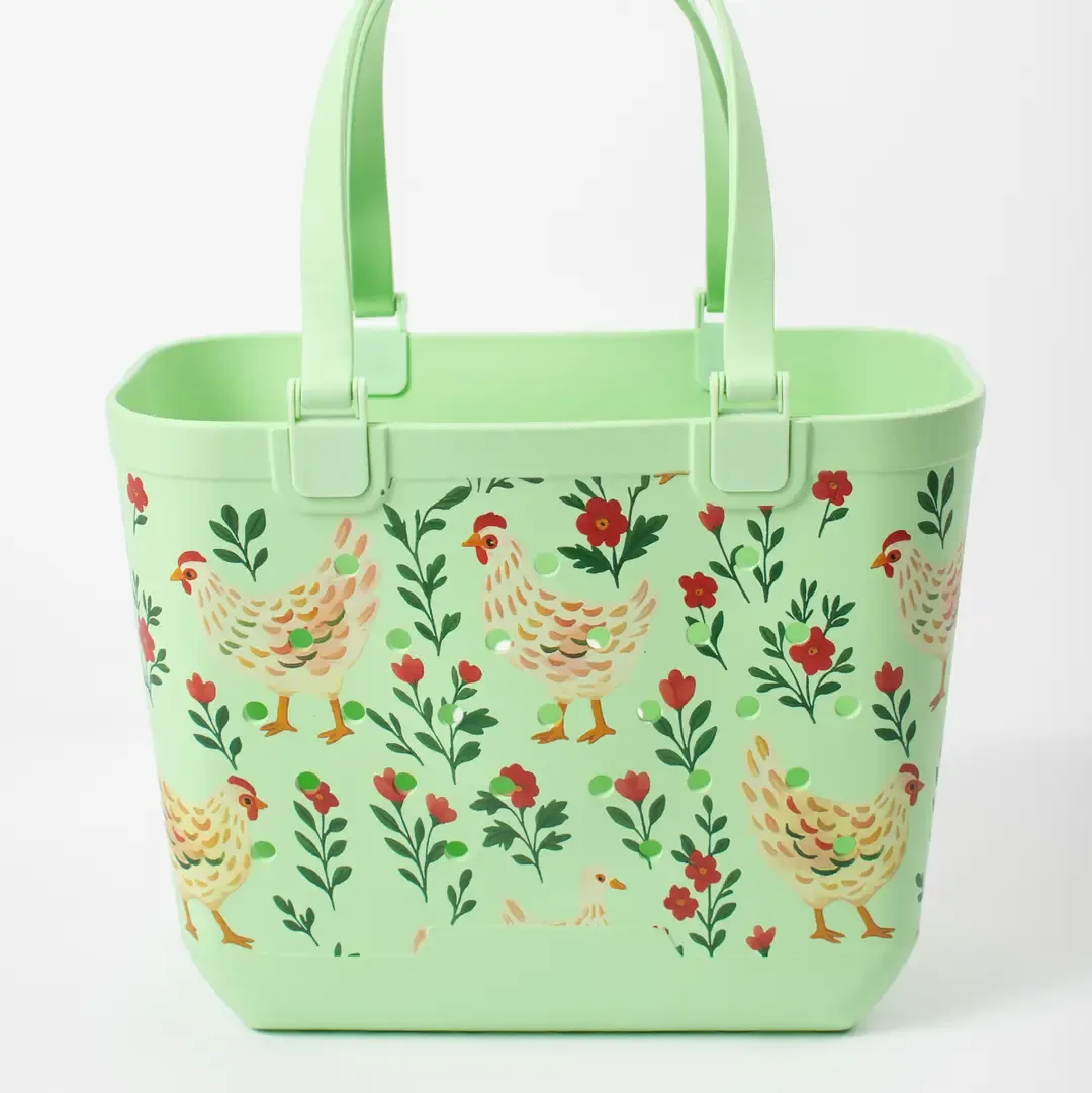 Green Chickens &amp; Blooms Rubber Beach Tote Bag -Large