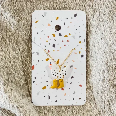 Chicken in Rain Boots Necklace, White Polka Dot/Yellow Boots
