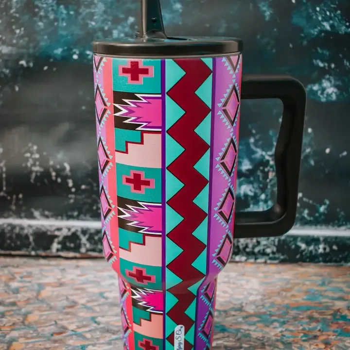 Purple Vintage Geo Flip Lid Tumbler
