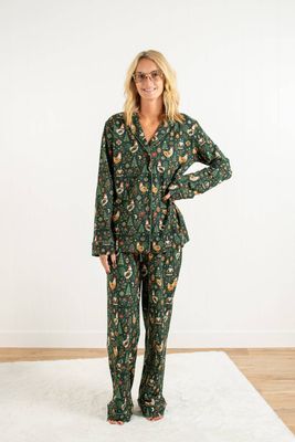 Folk Christmas Chicken Adult Notch Collar Top and Pajama Pant Set