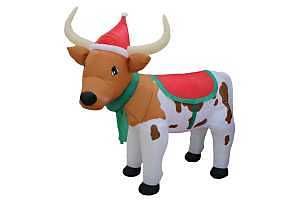 Longhorn Cow with Santa Hat, 7 ft Height Christmas Inflatable