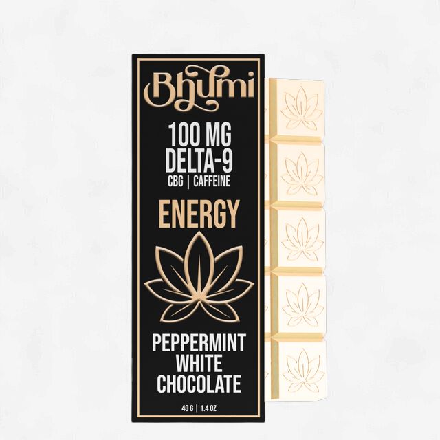 Peppermint D9 &amp; CBG White Chocolate Bar with Caffeine