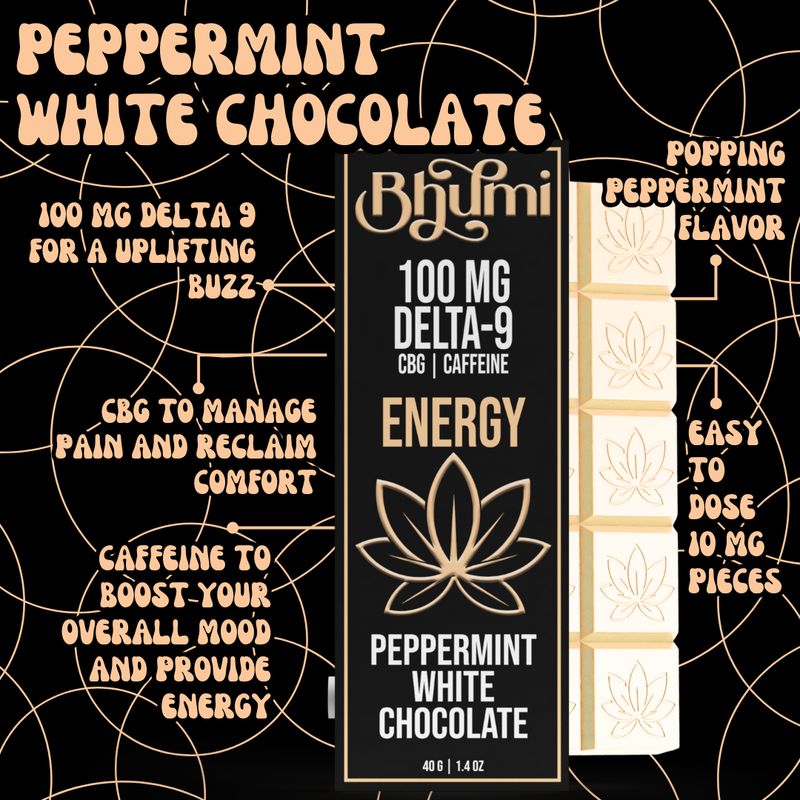 Peppermint D9 &amp; CBG White Chocolate Bar with Caffeine