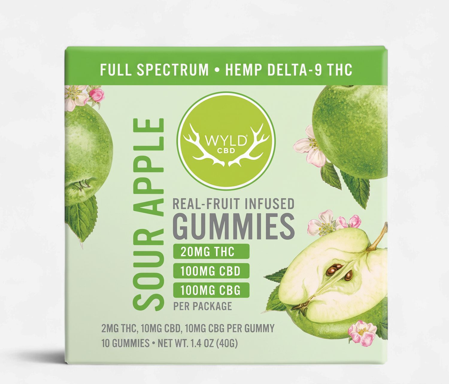 Sour Apple Active 2mg D9, 10mg CBD,10mg CBG Low Dose Gummies