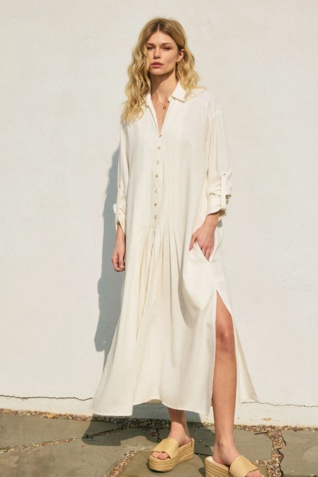 Cotton Linen Pleated Longline Shirt Dress