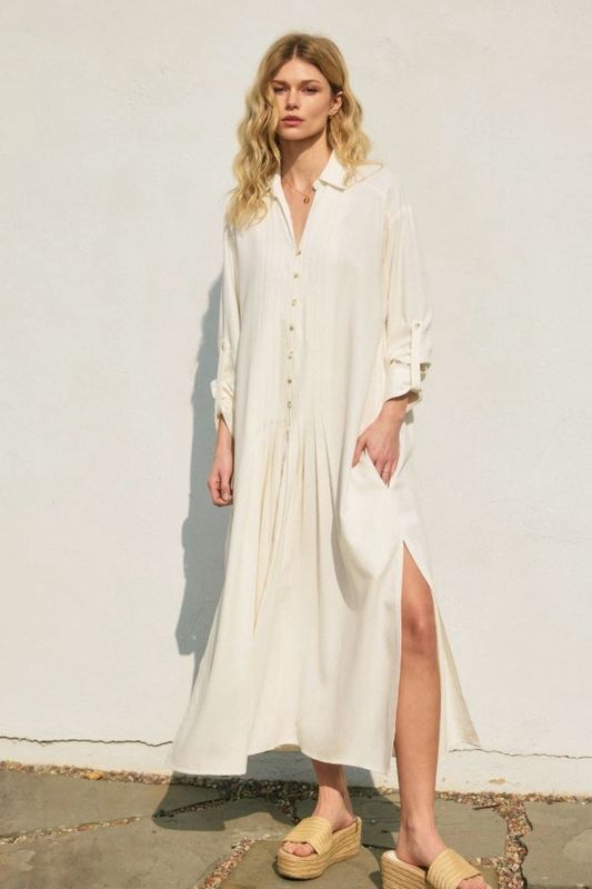 Cotton Linen Pleated Longline Shirt Dress