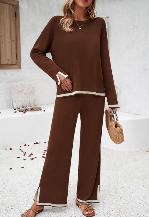 Contrast Trim Ribbed Knit Lounge Set