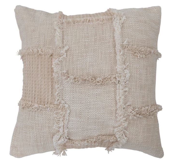 18&quot; Woven Cotton &amp; Wool Patchwork Pillow w/ Frayed Edges
