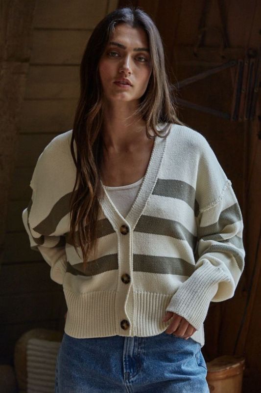 Knit Sweater Striped Button Down Cardigan