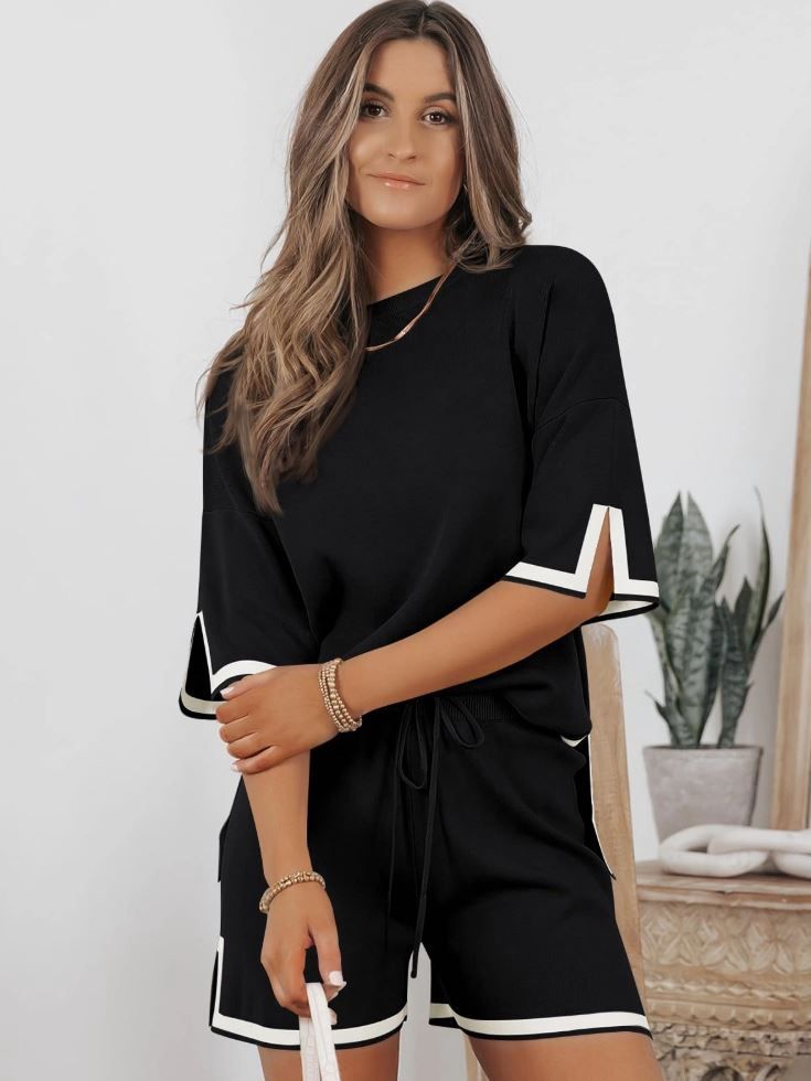 Contrast Trim Ribbed Knit Shorts Lounge Set