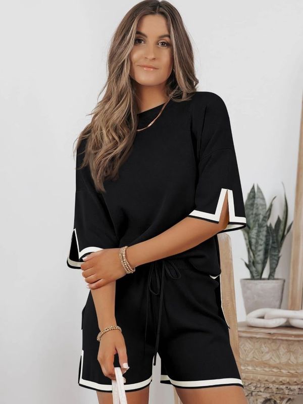 Contrast Trim Ribbed Knit Shorts Lounge Set