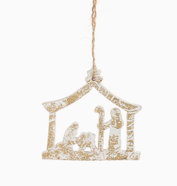 Nativity Scene Gold White Wood Ornament