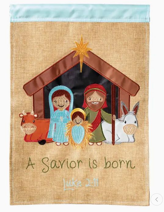 NATIVITY IN CRECHE BURLAP FLAG