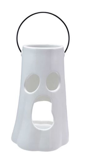Ceramic Lantern with Cut-Out Ghost Face &amp; Metal Handle