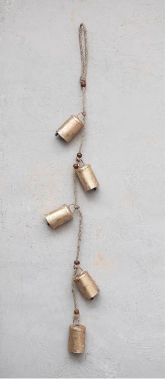 Hanging Metal Bells with Wood Beads and Jute Rope