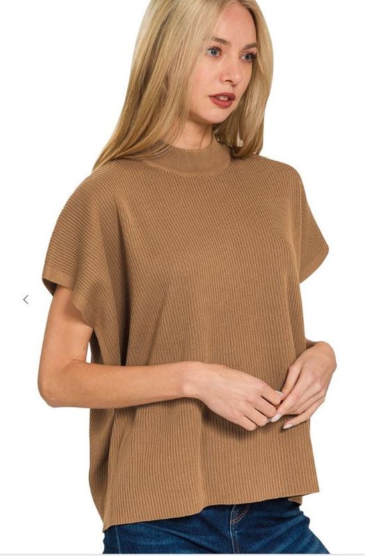 Viscose Mock Neck Short Sleeve Boxy Sweater