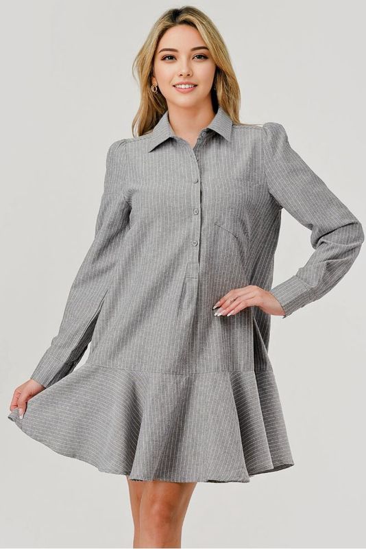 Allie Pinstripe Collared Half Button Down Ruffle Dress - Grey
