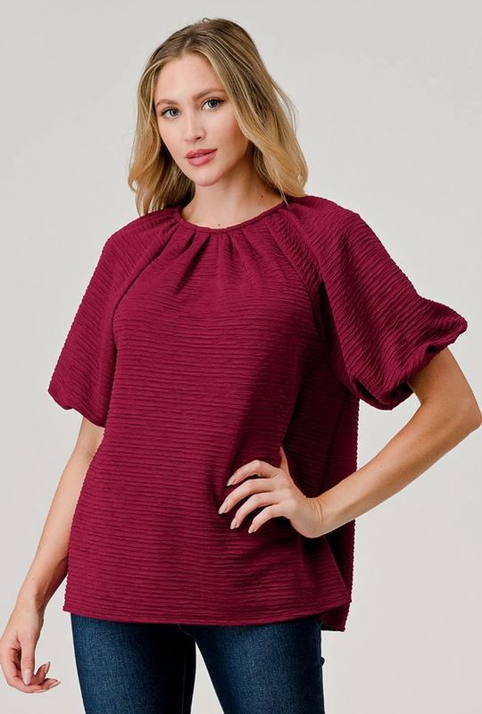 Belize Balloon Puff Sleeve Crinkle Dressy Shimmer Top - Wine