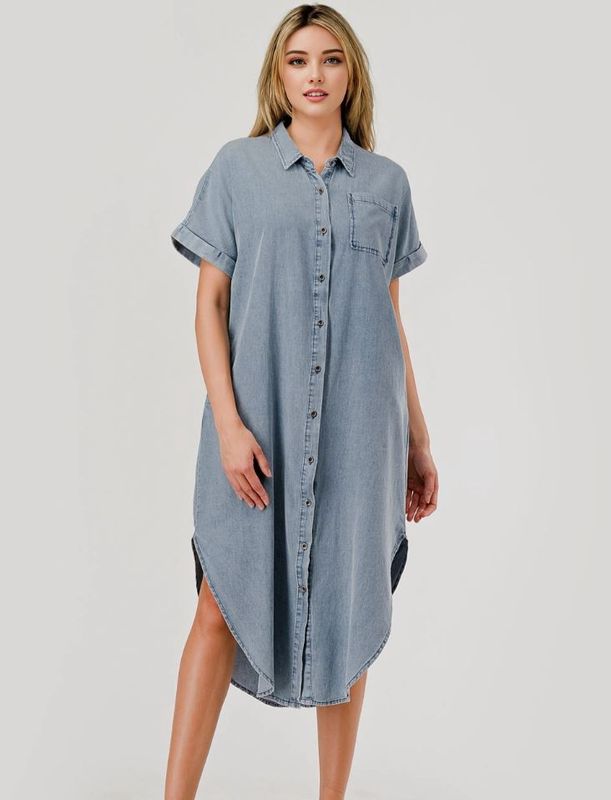 Denim Button Down Midi Dress - Washed Blue Chambray