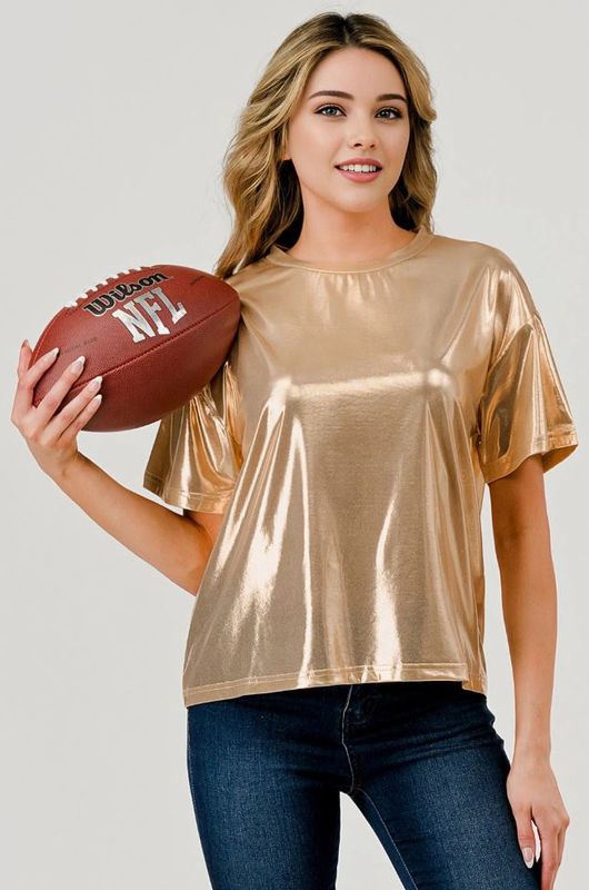 Game Day Metallic Slinky Shimmer T-Shirt Top - Gold