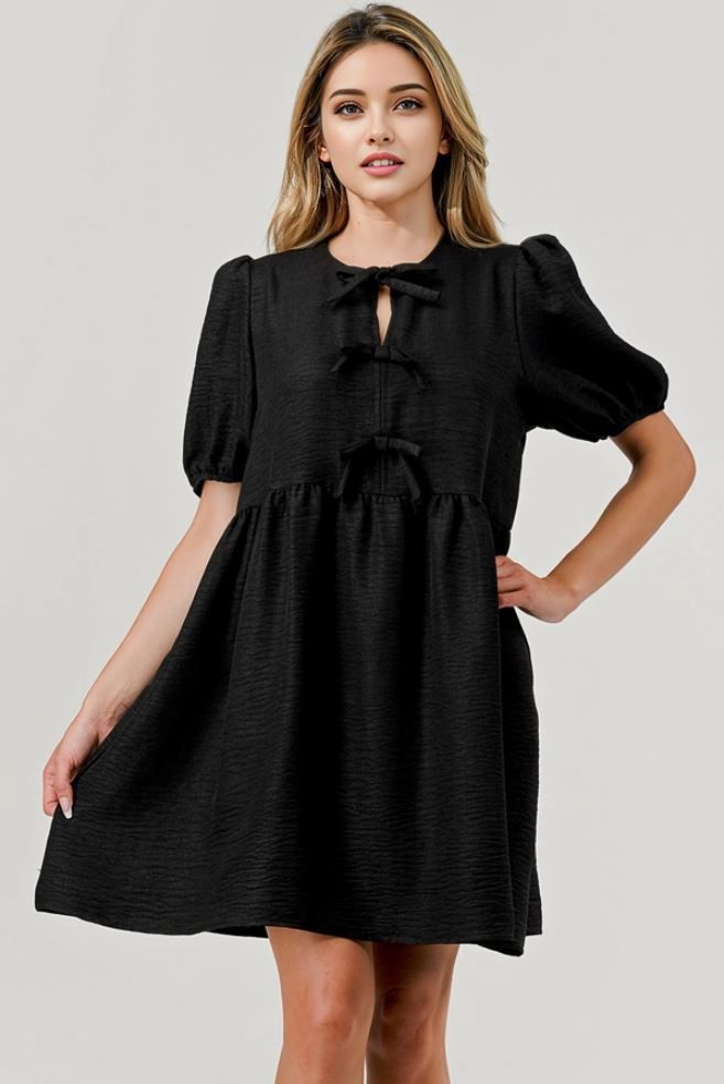 Maggie Short Puff Sleeve Bow Tie Front Dress - Black