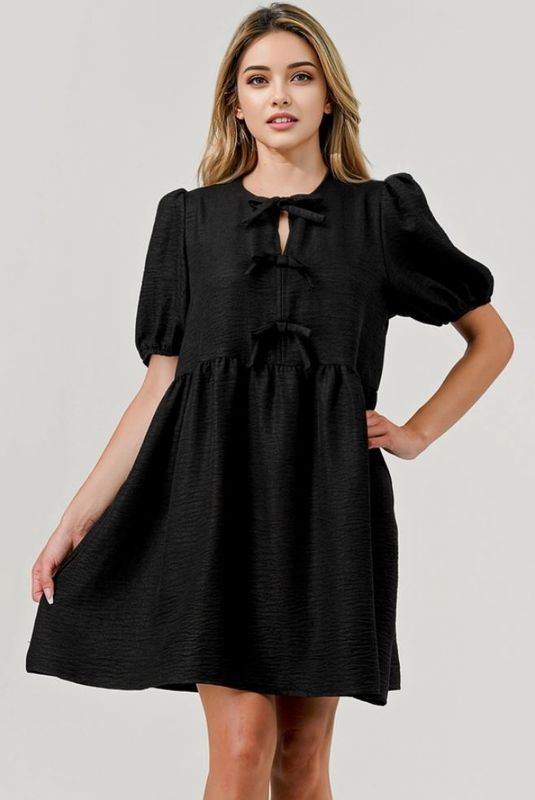 Maggie Short Puff Sleeve Bow Tie Front Dress - Black