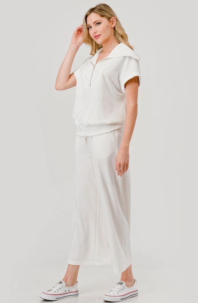 Malibu 2 Pc French Terry Zip Collar Top &amp; Pant Set - Ivory