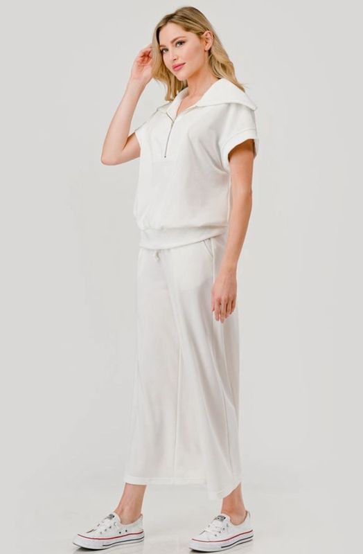 Malibu 2 Pc French Terry Zip Collar Top &amp; Pant Set - Ivory