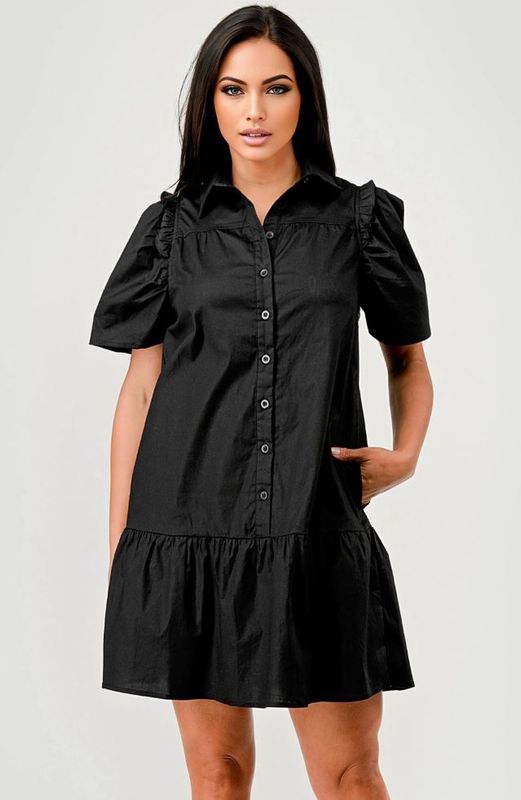 Cindy Short Sleeve Collared Button Down Dress - Black