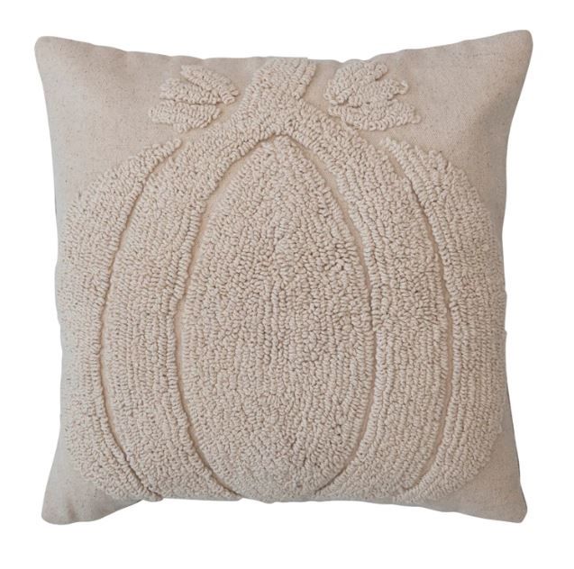 18&quot; Square Cotton Slub Tufted Pillow w/ Pumpkin &amp; Chambray Back, Cream Color