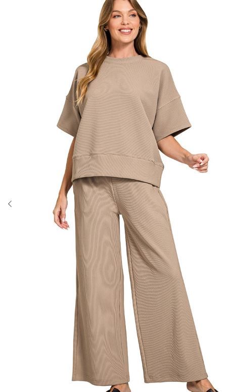 Ribbed Round Neck Tee &amp; Pants Set