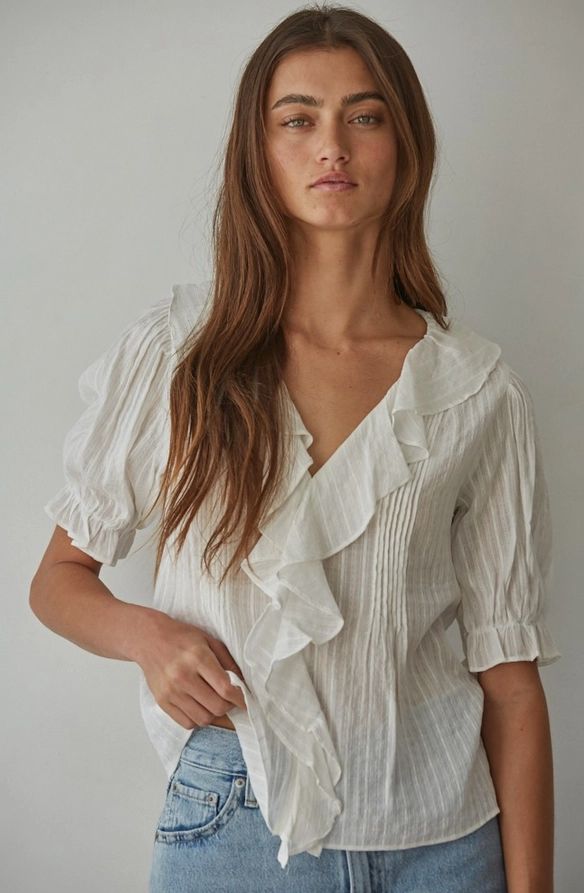 Woven Cotton Buttondown V-Neck Short Sleeve Top
