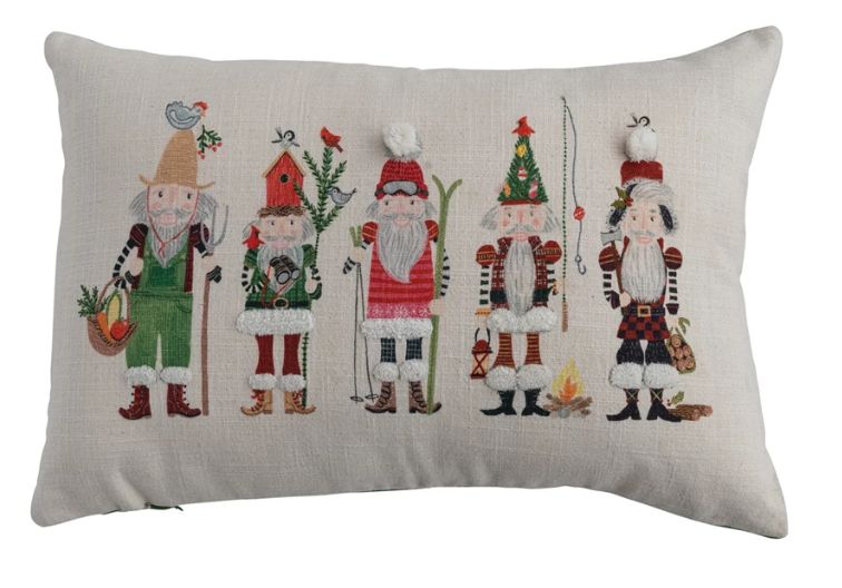 Lumbar Pillow with Nutcrackers, Embroidery, Pom Poms &amp; Velvet Back