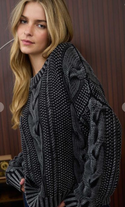 Washed Cable Knit Pullover Sweater