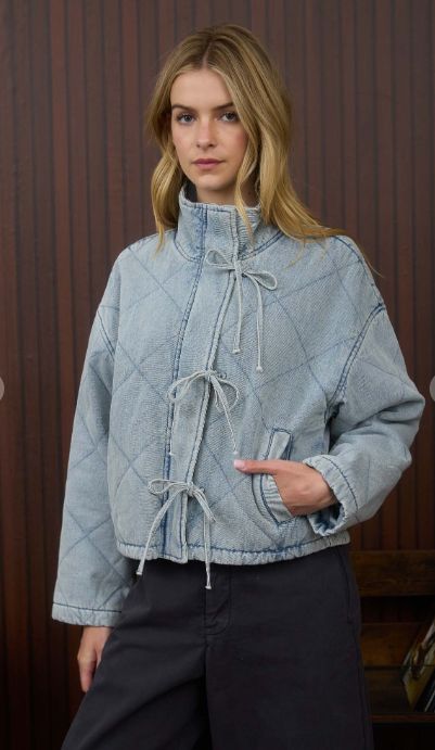 Washed Denim Quilted Front Tie Puffer Jacket