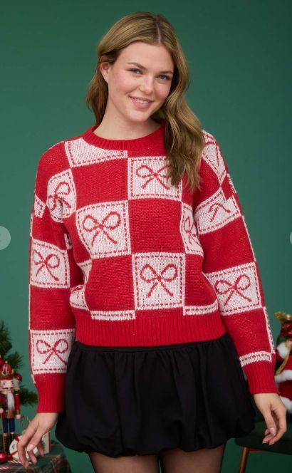 RED Checkered Bow Jacquard Crewneck Knit Sweater